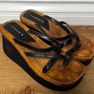 Vintage Candies Chunky Wedge Platform Sandals Size 7 black Leather Wood Heel